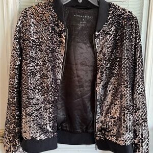 Aeropostale Black Bomber or Varsity Jacket with Sequins Zip Front Worn Once